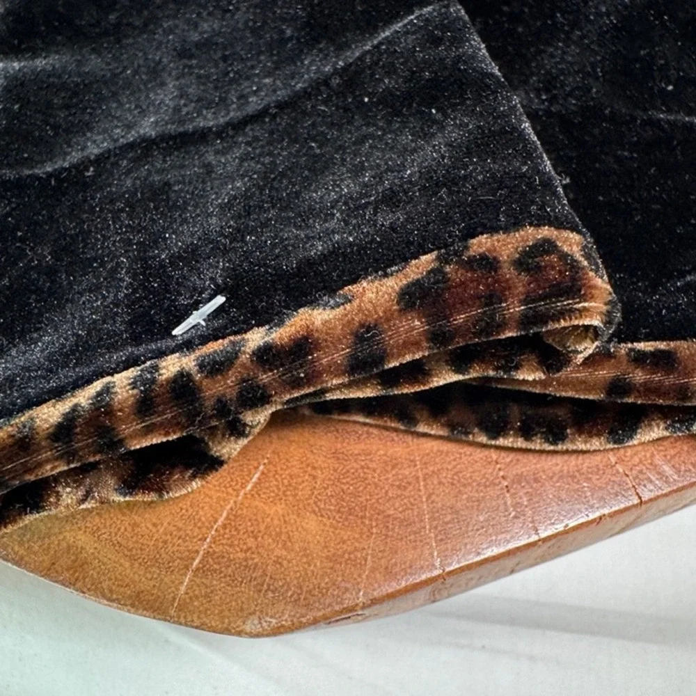 Vintage Black Velvet Evening Gloves Leopard Print Trim Mid Length Formal Glamour